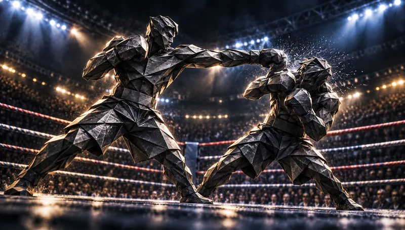 Two faceted metallic boxers exchanging punches in a brightly lit boxing ring